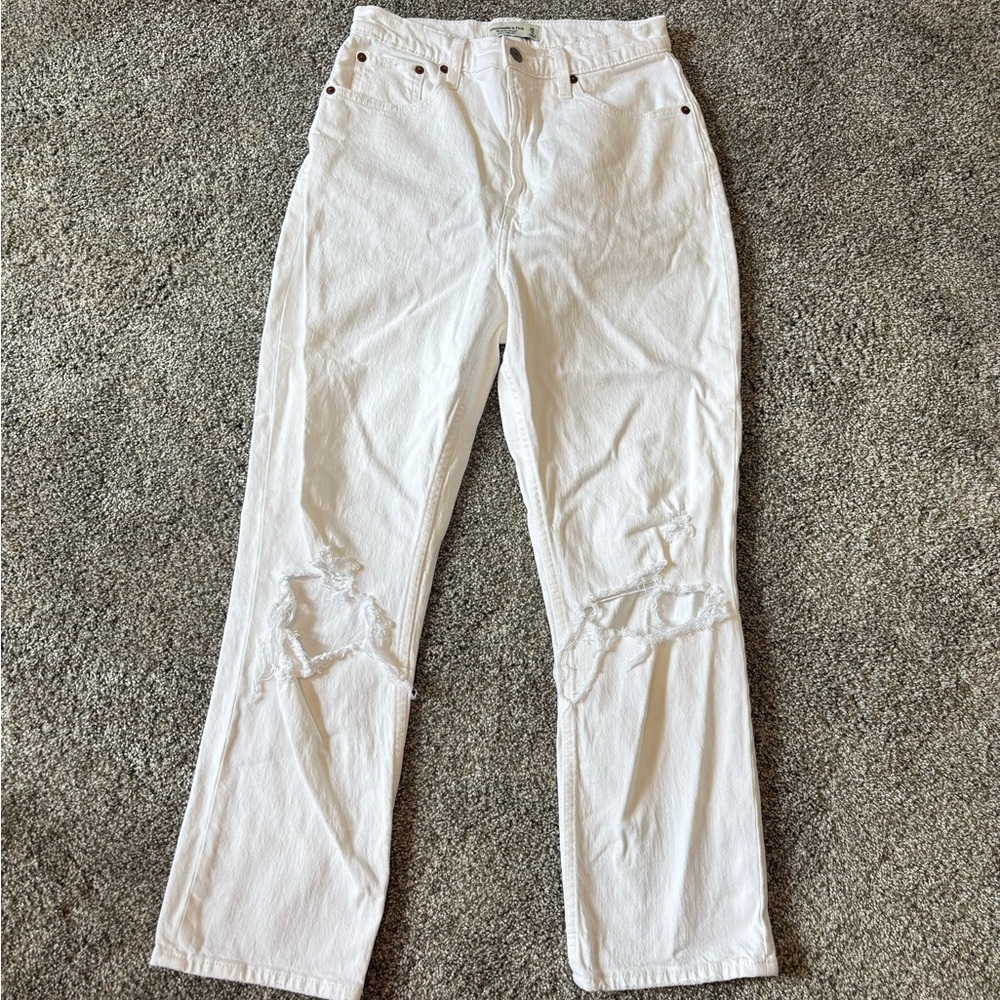 Abercrombie and Fitch White Distressed High-Waist Ankle Straight Jeans